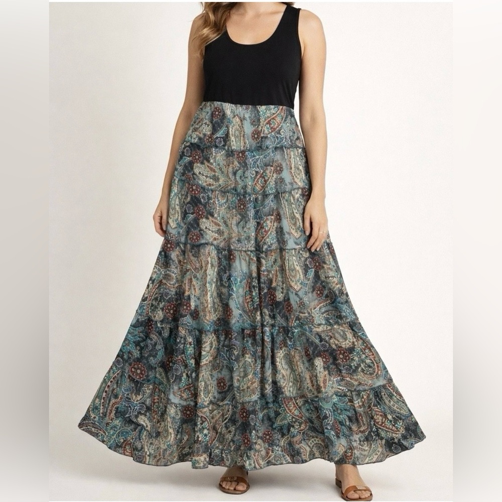 Karen Kane Teal Multi Paisley Tiered Boho Maxi Dress